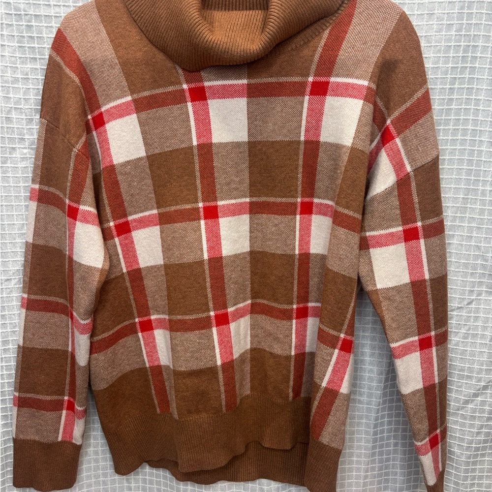 Tahari Brown Plaid Cowl Neck Sweater